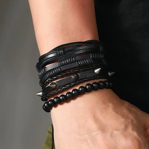 Cuff Bracelet Leather 4pc Black Spike Beads Rave  Rock Edgy Goth Grunge Punk Emo - Picture 1 of 4